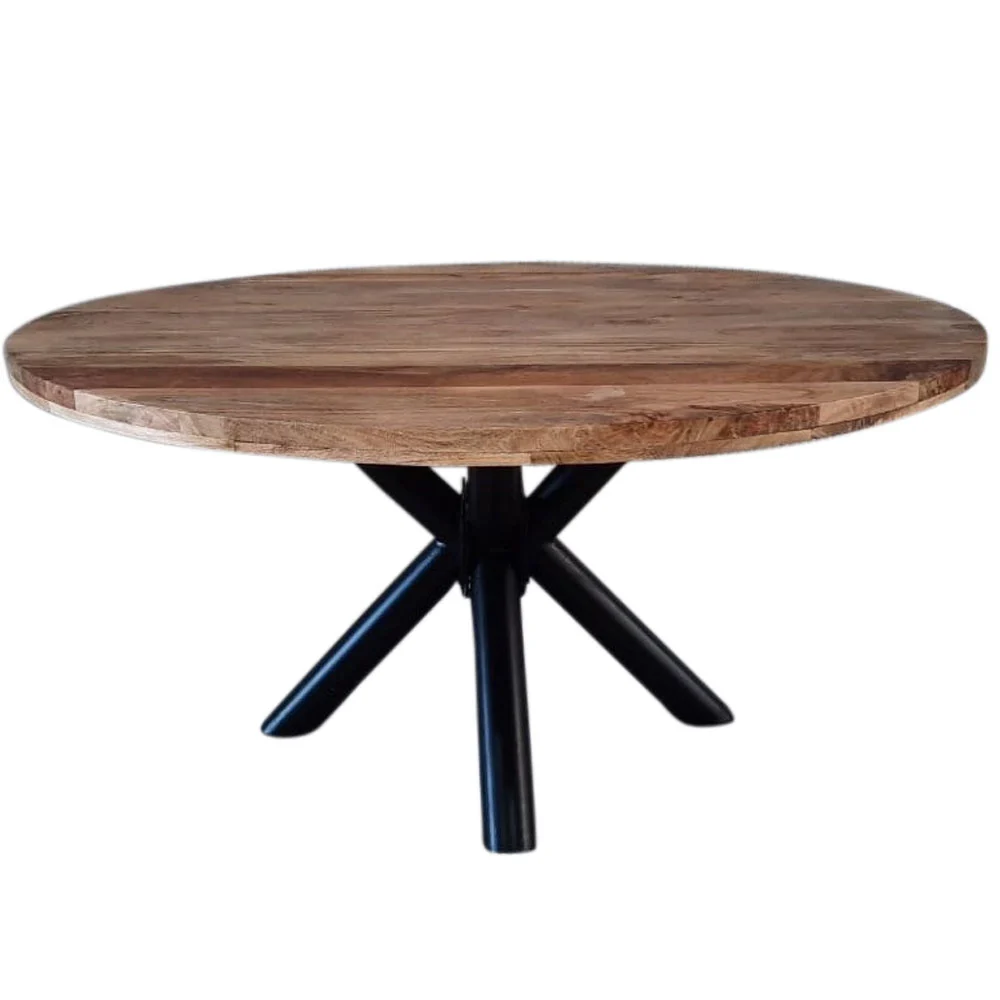 Table à manger ronde Clémence en bois de manguier et cadre en métal noir