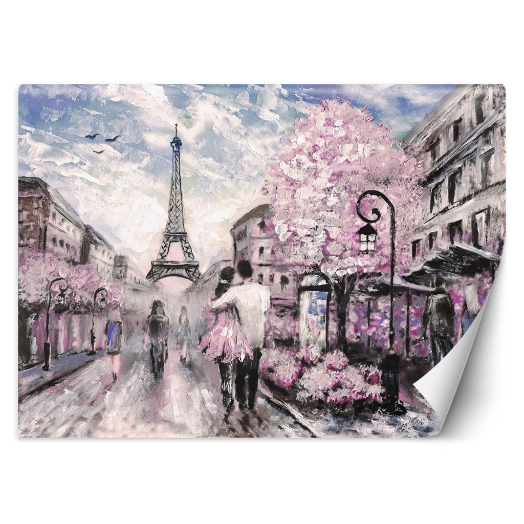 Papier peint rectangulaire avec illustration de paris au printemps imprimée sur toile avec finition rose