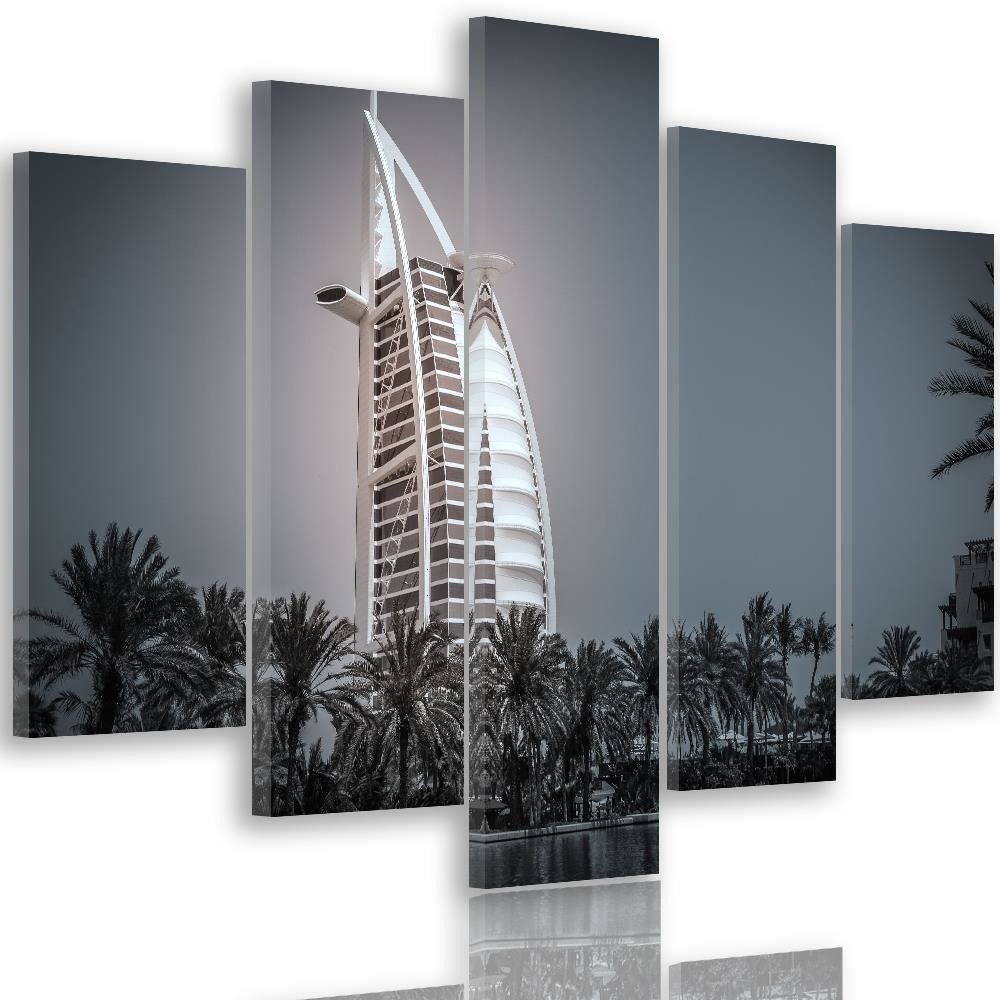 Cadre en toile composé de 5 pièces avec image du burj al arab de dubaï fabriqué en mdf et toile