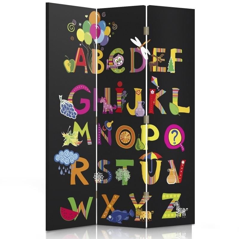 Paravent séparateur d'espaces pour enfants pivotant en toile avec cadre en mdf motif alphabet