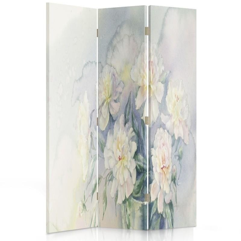 Paravent séparateur d'espaces double face pivotant en toile avec cadre en mdf motif délicates fleurs tons pastel