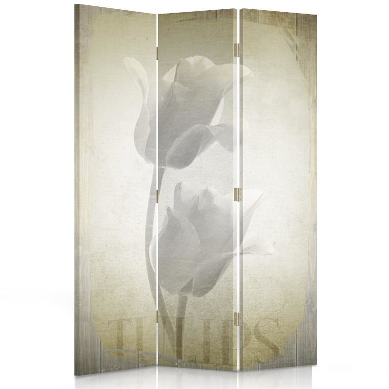 Paravent séparateur d'espaces double face pivotant en toile avec cadre en mdf motif tulipes de style rétro