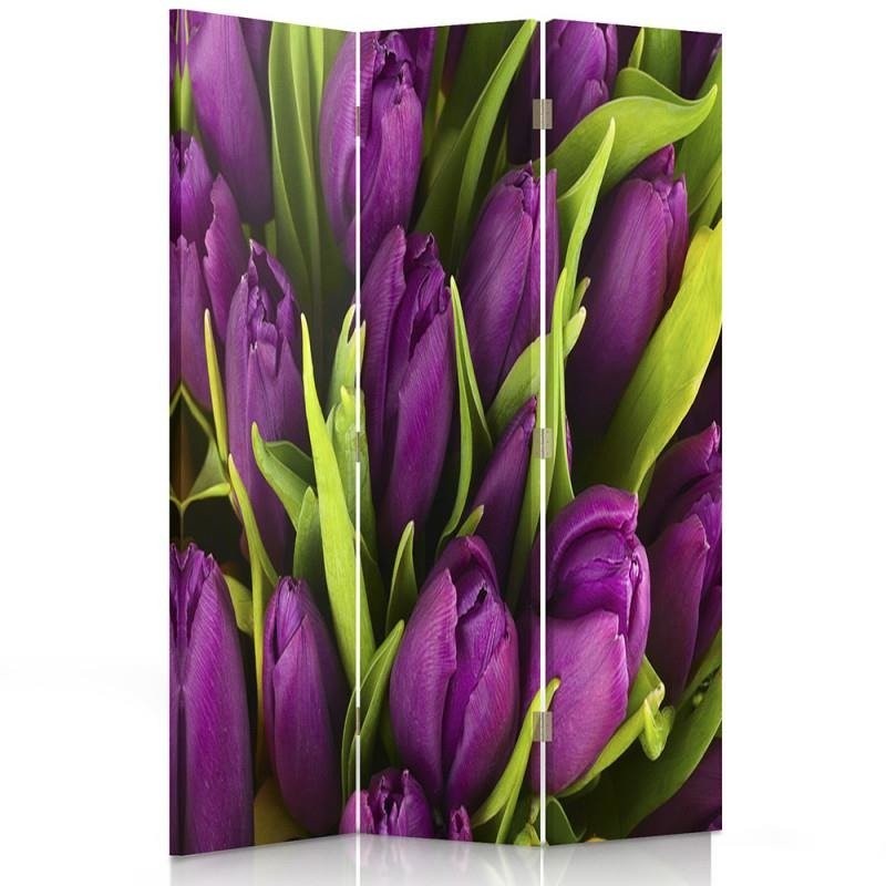 Paravent séparateur d'espaces double face pivotant en toile avec cadre en mdf motif tulipes violettes