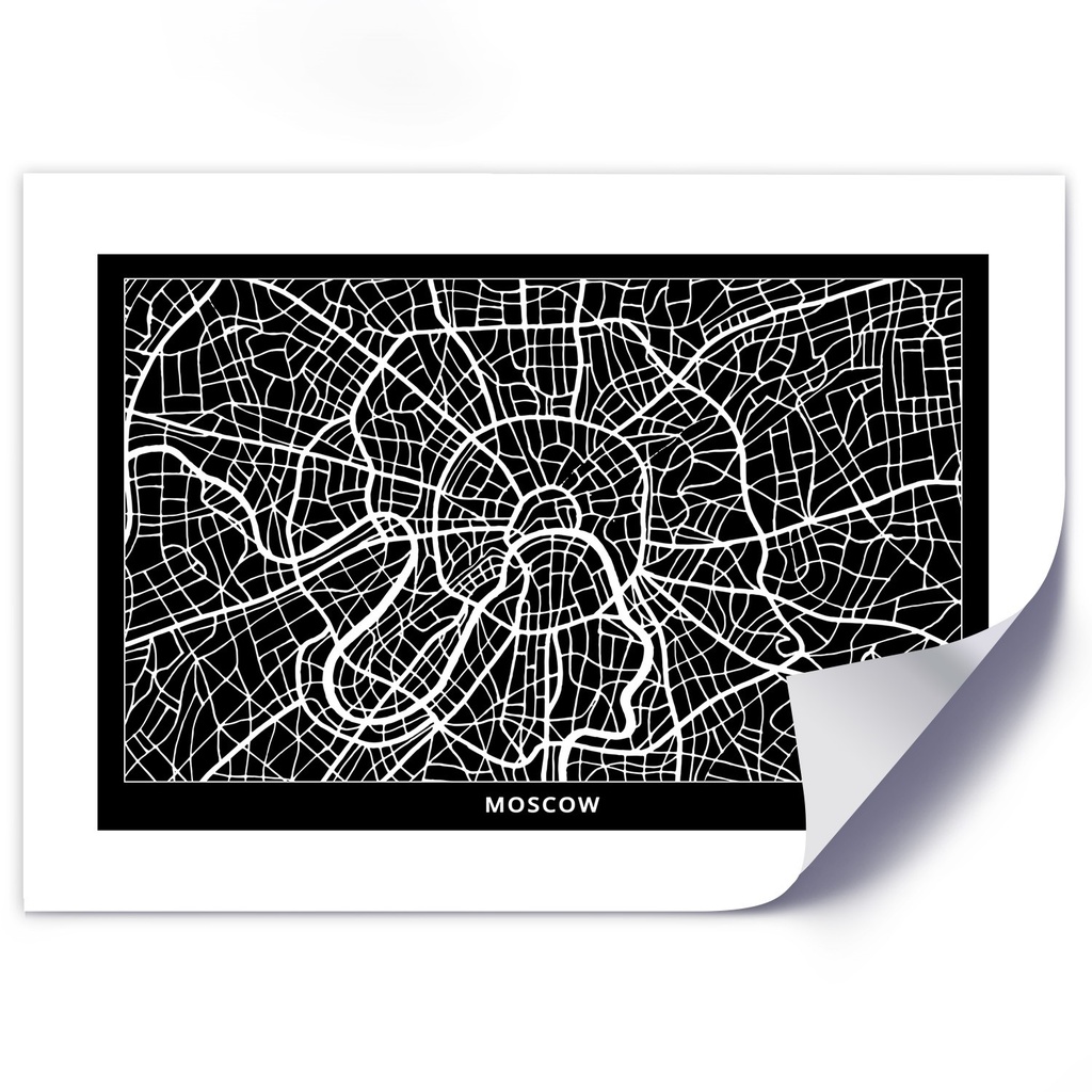 Poster avec image d'un plan de la ville de moscou imprimé sur papier satiné noir et blanc