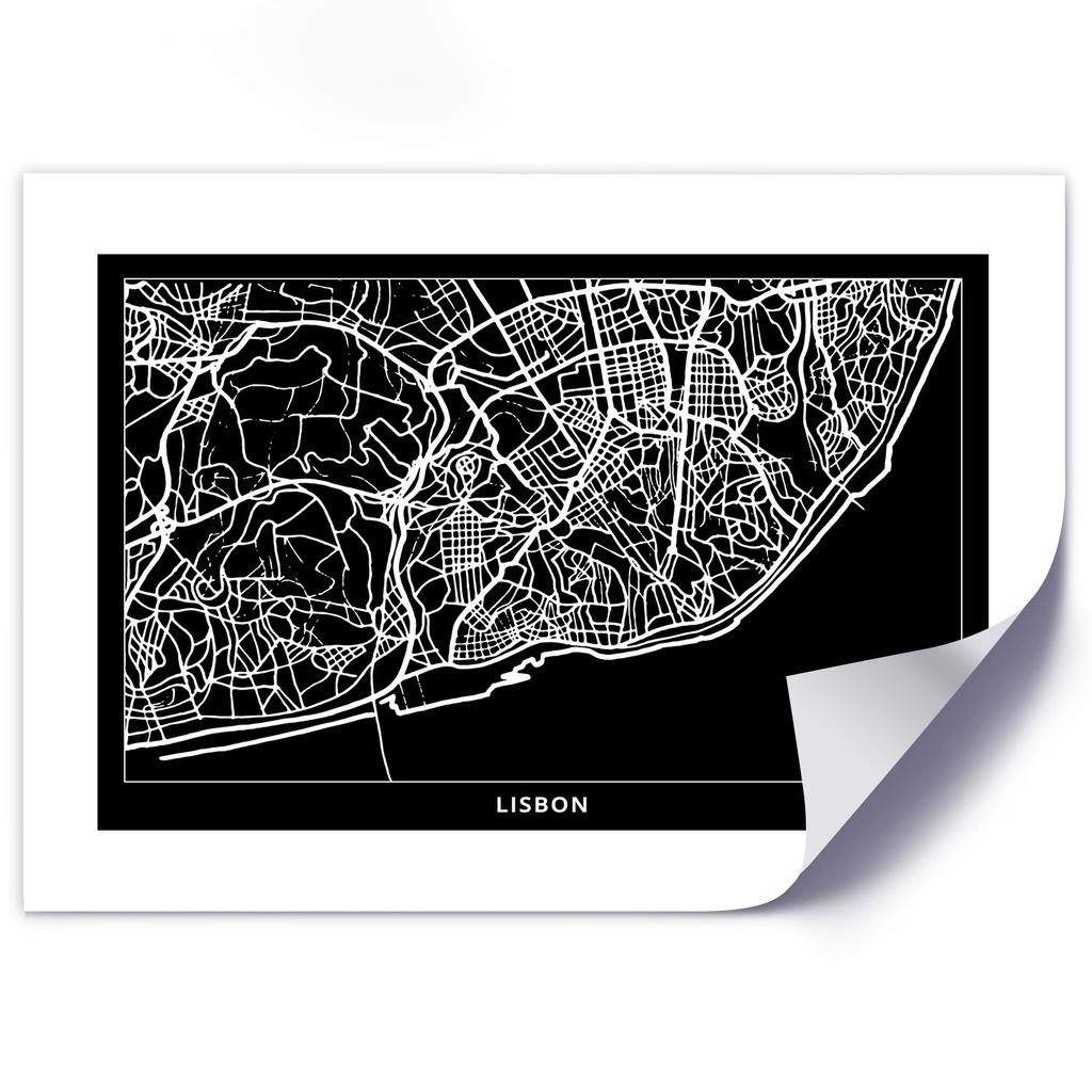 Poster avec image d'un plan de la ville de lisbonne imprimé sur papier satiné noir et blanc