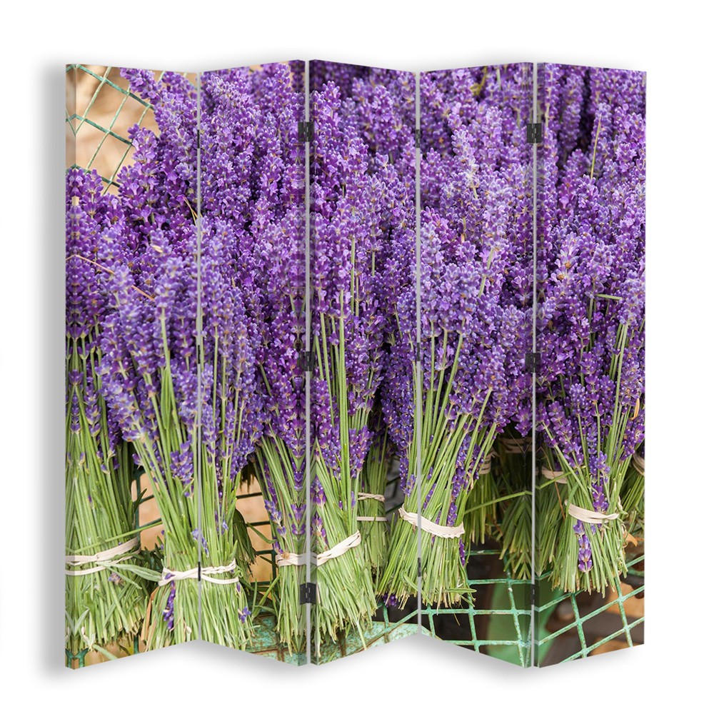 Paravent séparateur d'espaces en toile avec cadre en mdf et finition de couleur vert et violet