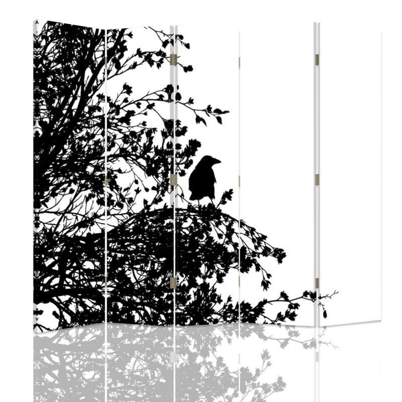 Paravent rectangulaire séparateur d'espaces double face en toile motif nature noir et blanc