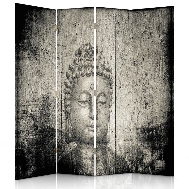 Paravent à deux faces 145 cm fabriqué en mdf et toile avec image de bouddha tons gris