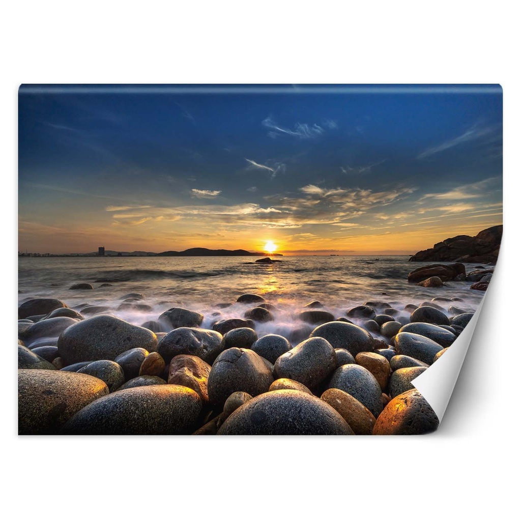 Papier peint rectangulaire avec image de coucher du soleil sur la mer imprimée sur toile avec finition bleue