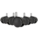 Lot de 5 roulettes pour sols durs à roulement souple pour chaises de bureau axe 11 mm / diamètre 50 mm, noir