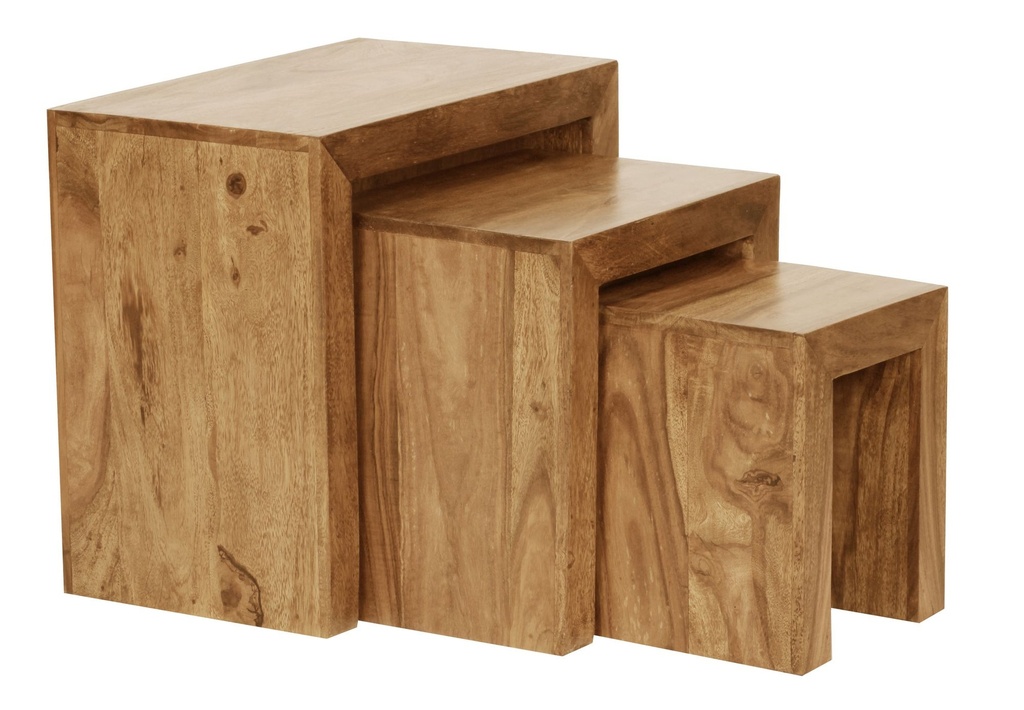 Set de 3 tables gigognes MUMBAI en bois massif d'acacia style maison de campagne, bois naturel marron foncé