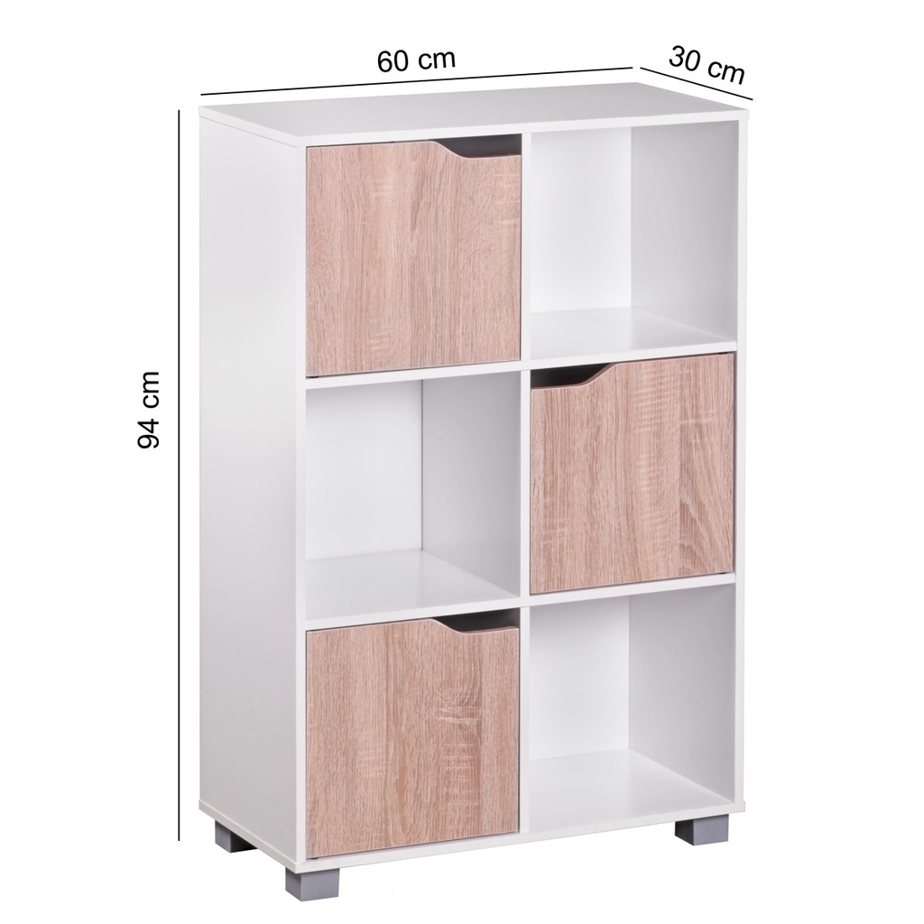 Bibliothèque design SAMO Moderne bois blanc avec portes en chêne Sonoma, autoportante 6 compartiments 60 x 90 x 30 cm