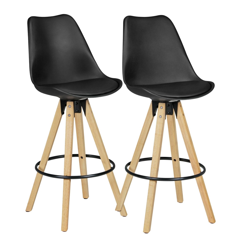 Lot de 2 Tabourets de Bar Lima Noir Design Rétro Simili Cuir Bois avec Dossier