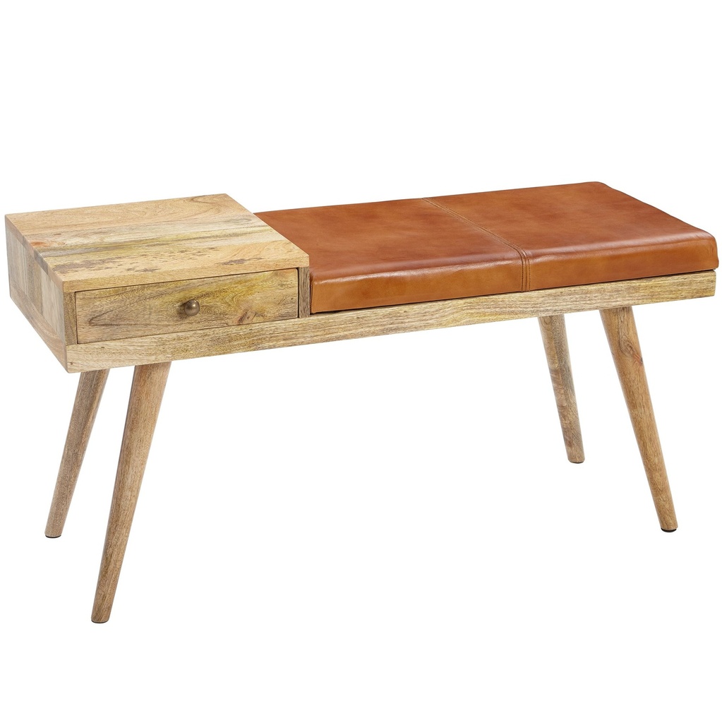 Banc SALIM en peau de chèvre / banc en bois massif 100x52x38 cm de style rétro