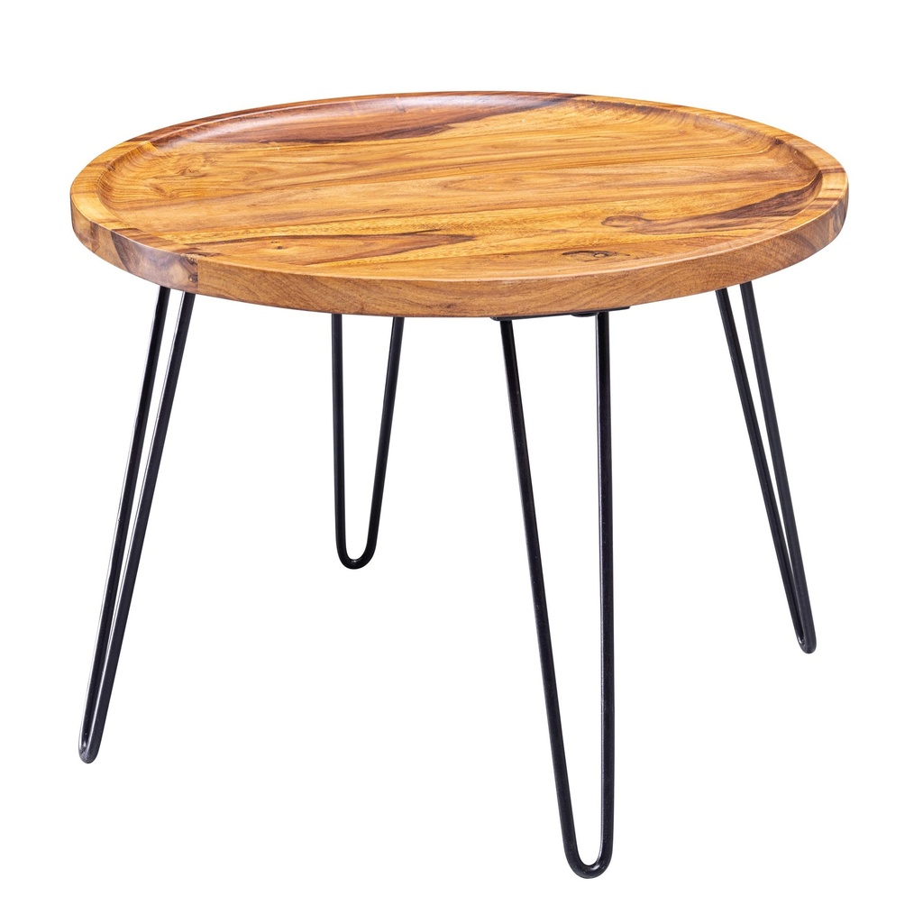 Table basse en bois massif Sheesham 60x45x60 cm, ronde, avec pieds en épingle à cheveux, en bois et métal