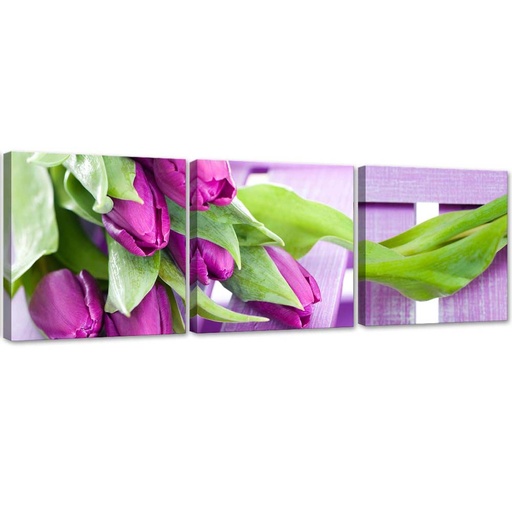 Cadre imprimé sur toile composé de 3 pièces avec image d'un bouquet de tulipes violettes fabriqué en mdf et toile