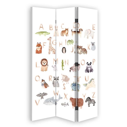 [A06153] Paravent à deux faces 110 cm fabriqué en mdf et toile avec décor alphabet avec animaux