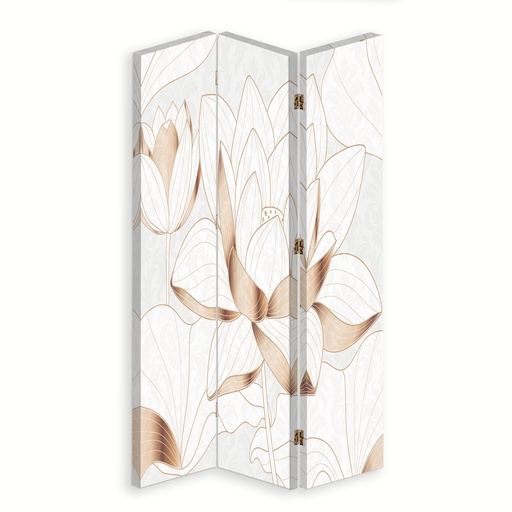 [A06193] Paravent séparateur d'espaces impression sur toile avec cadre en mdf fleur de lotus beige