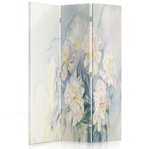 [A06263] Paravent séparateur d'espaces double face pivotant en toile avec cadre en mdf motif délicates fleurs tons pastel