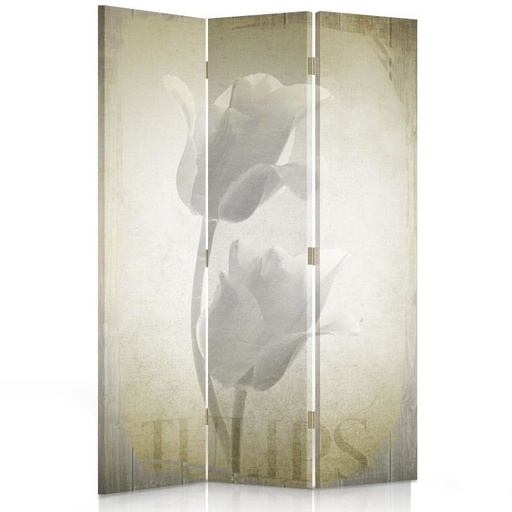 [A06264] Paravent séparateur d'espaces double face pivotant en toile avec cadre en mdf motif tulipes de style rétro