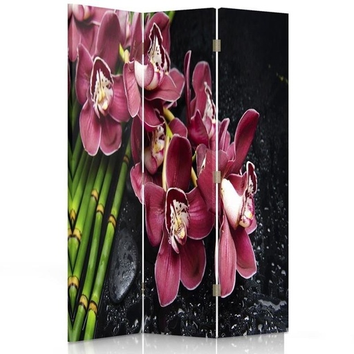 [A06276] Paravent séparateur d'espaces double face pivotant en toile avec cadre en mdf motif orchidées et bambou