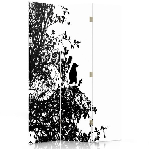 [A06296] Paravent pliable composé de trois parties oiseau noir sur une branche