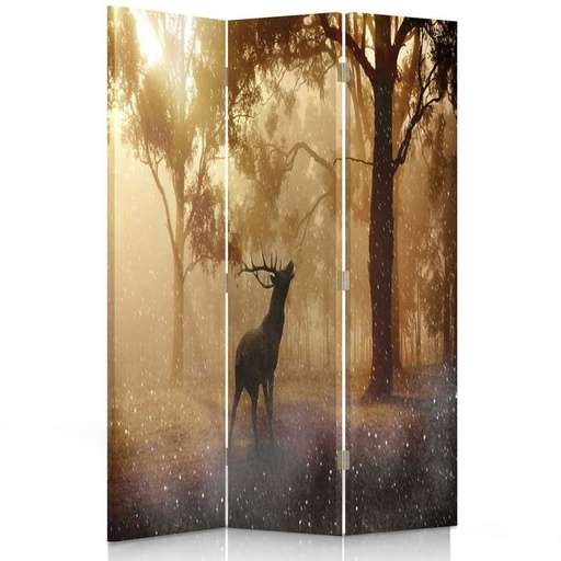 [A06328] Paravent avec image d'un cerf illuminé par un rayon de soleil fabriqué en mdf et toile