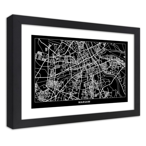 Cadre noir en mdf plaqué avec poster carte de la ville de varsovie