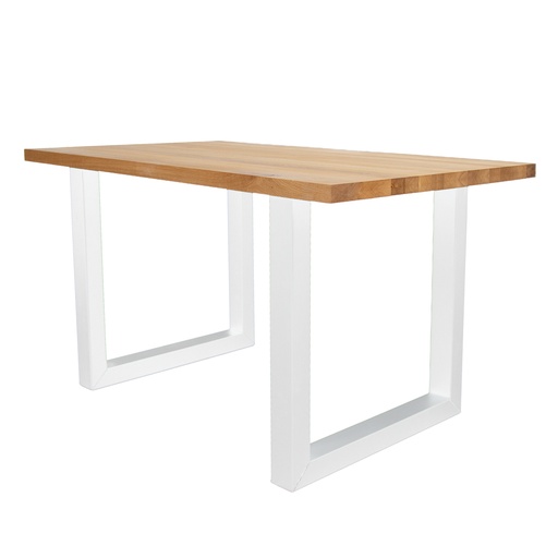 [A00349] Table à manger en chêne Sara avec pieds métalliques en U blancs