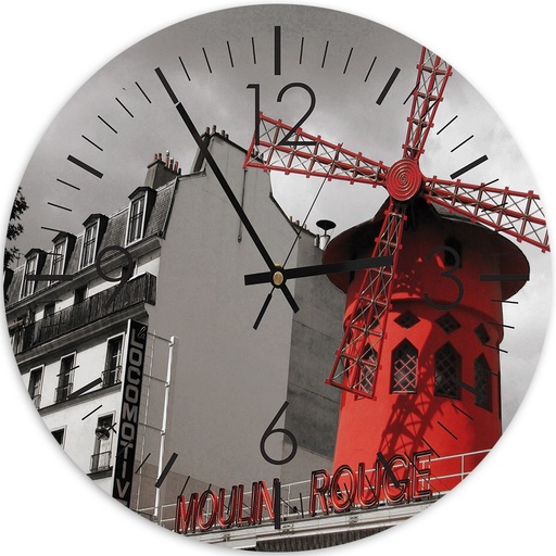 Horloge murale arrondie et analogique avec décor moulin rouge