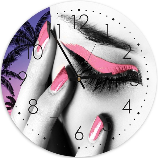 Horloge murale arrondie et analogique avec image décorative de maquillage rose