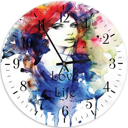 Horloge murale arrondie et analogique avec image illustrative d'aquarelle de l'amour à la vie
