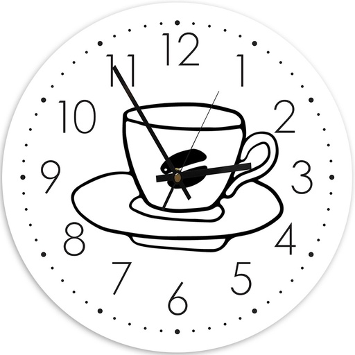 Horloge murale arrondie et analogique avec image décorative tasse de café blanc et noir