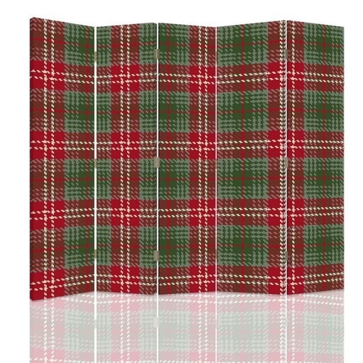 [A08962] Paravent à deux faces 180 cm fabriqué en mdf et toile avec décor tartan rouge et vert