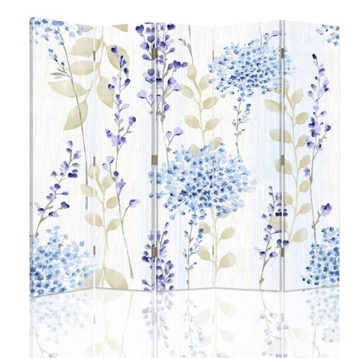 [A08980] Paravent séparateur d'espaces avec motif petites fleurs imprimé sur toile avec finition bleue et cadre en mdf