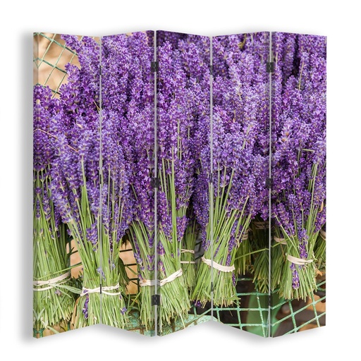 [A09046] Paravent séparateur d'espaces en toile avec cadre en mdf et finition de couleur vert et violet