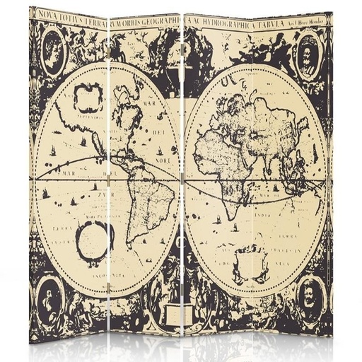 [A09099] Paravent de couleur beige avec image d'une carte du monde vintage fabriqué en mdf et toile