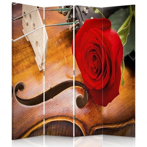 [A09132] Paravent avec image d'une rose sur un violon fabriqué en mdf et toile