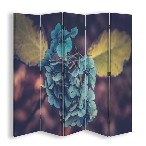 [A09179] Paravent séparateur d'espaces avec image d'une fleur turquoise imprimée sur toile avec finition bleue et cadre en mdf