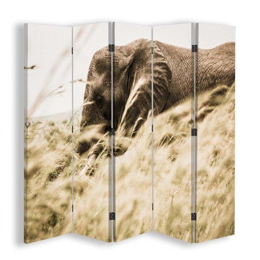 [A09183] Paravent séparateur d'espaces avec image d'éléphant imprimée sur toile finition beige et cadre en mdf