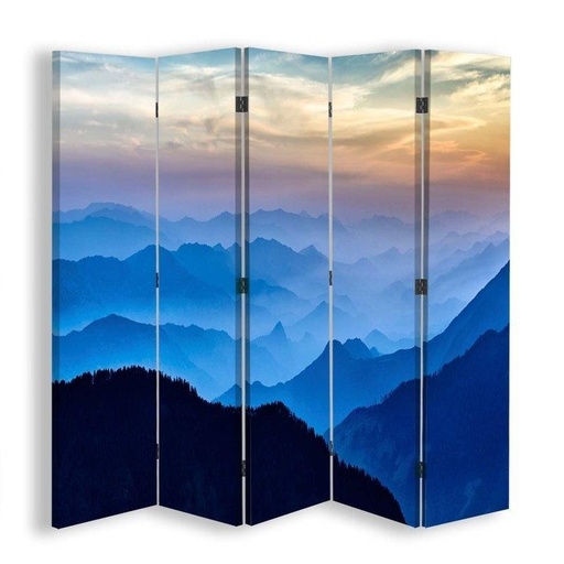 [A09184] Paravent séparateur d'espaces impression sur toile finition bleue avec cadre en mdf cimes montagneuses dans le brouillard