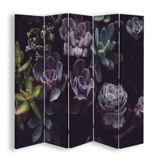 [A09185] Paravent séparateur d'espaces avec image de succulentes imprimée sur toile finition violette avec cadre en mdf