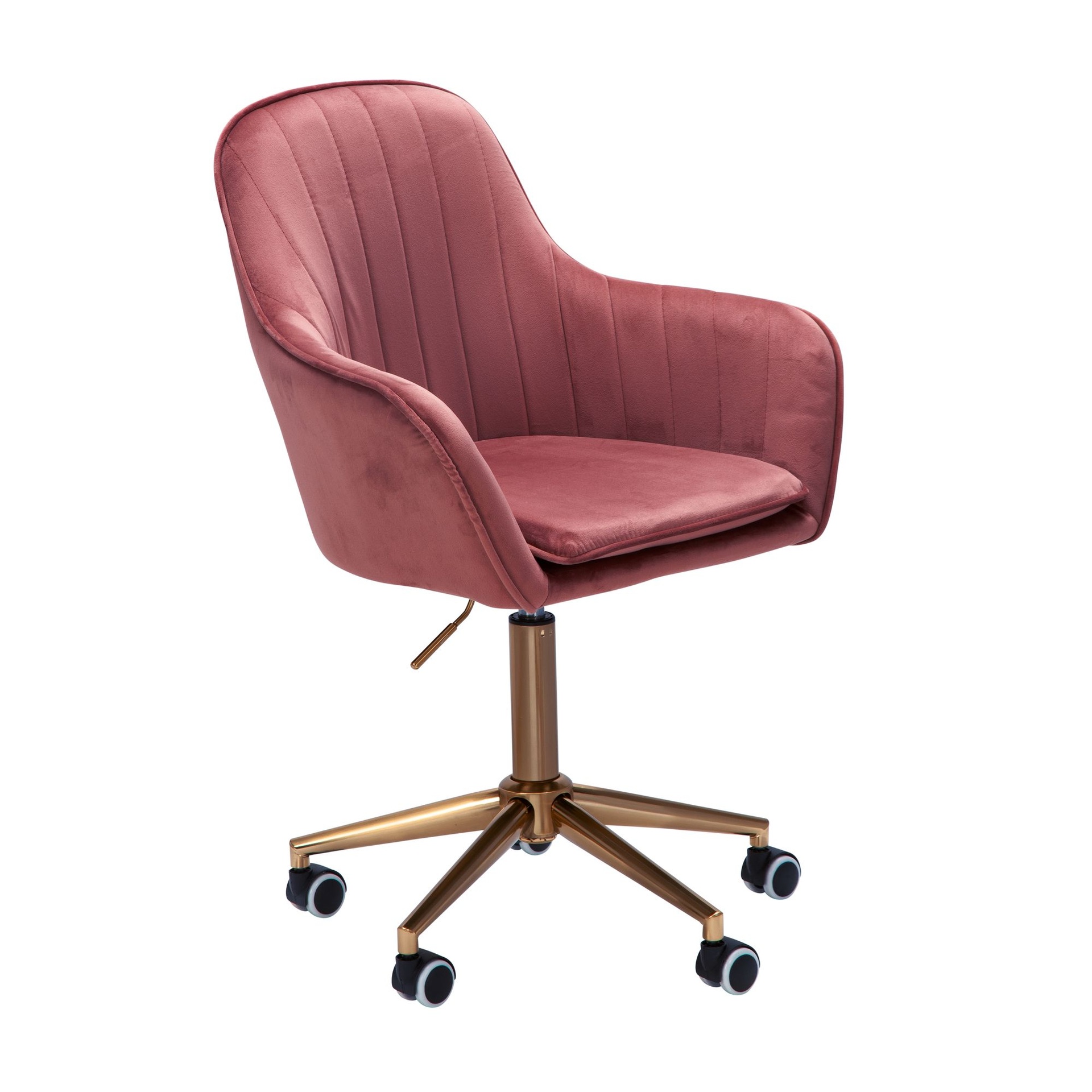 [A09500] Chaise de bureau velours rose, avec dossier, réglable en hauteur jusqu'à 120 kg, avec roulettes, pivotante