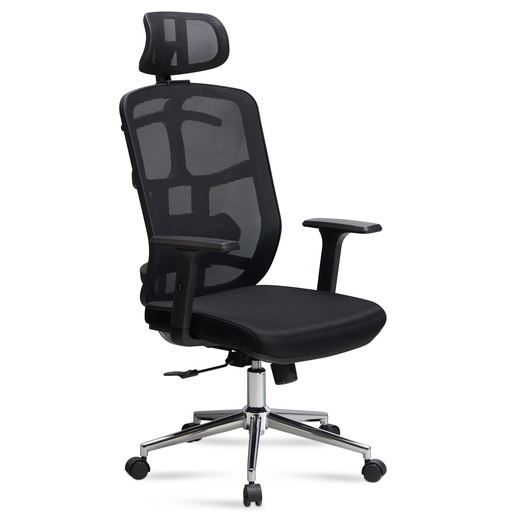 [A09508] Chaise de bureau housse en maille noire, jusqu'à 120 kg avec appui-tête, réglable en hauteur avec support lombaire, ergonomique avec fonction bascule