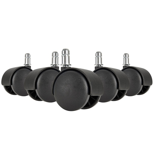 [A09516] Lot de 5 roulettes pour sols durs à roulement souple pour chaises de bureau axe 11 mm / diamètre 50 mm, noir