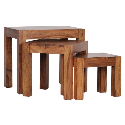 [A09551] Set de 3 tables gigognes MUMBAI en bois massif de sheesham style maison de campagne, bois naturel marron foncé