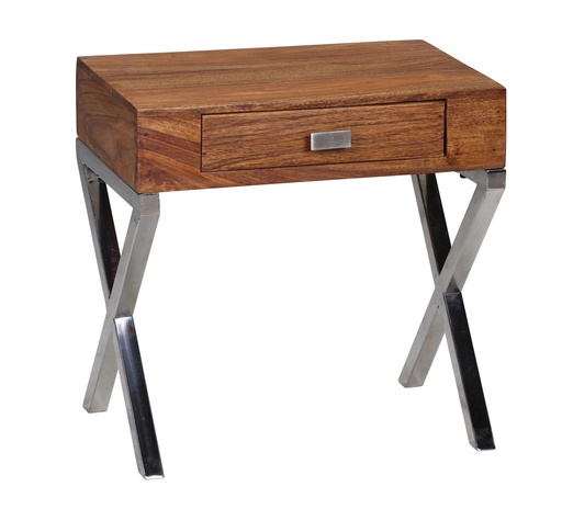 [A09600] Table de chevet GUNA en bois massif sheesham & commode de nuit 45 cm 1 tiroir avec pieds métal