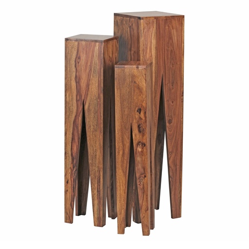 [A09655] Table d'appoint lot de 3 KADA en bois de Sesham massif, colonnes design, style maison de campagne, carrée