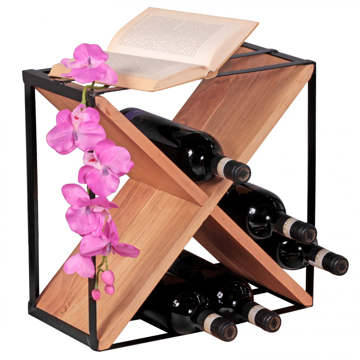 [A09702] Casier à vin AKOLA en bois d'acacia massif pour environ 16 bouteilles avec structure en métal