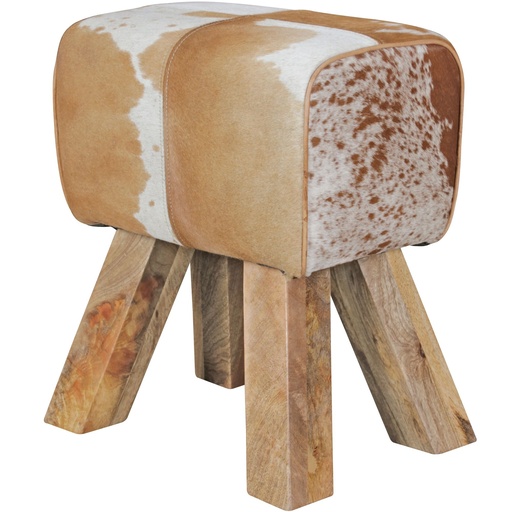 [A09757] Design Tabouret Turnbock peau de chèvre marron / blanc 40 x 30 x 47 cm